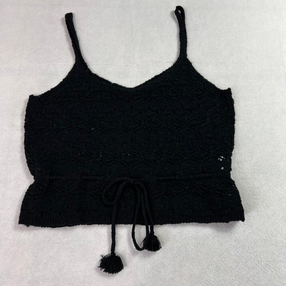 So Lace Tank Cami Top Womens Black Large Drawstring Crop Cinch Waist